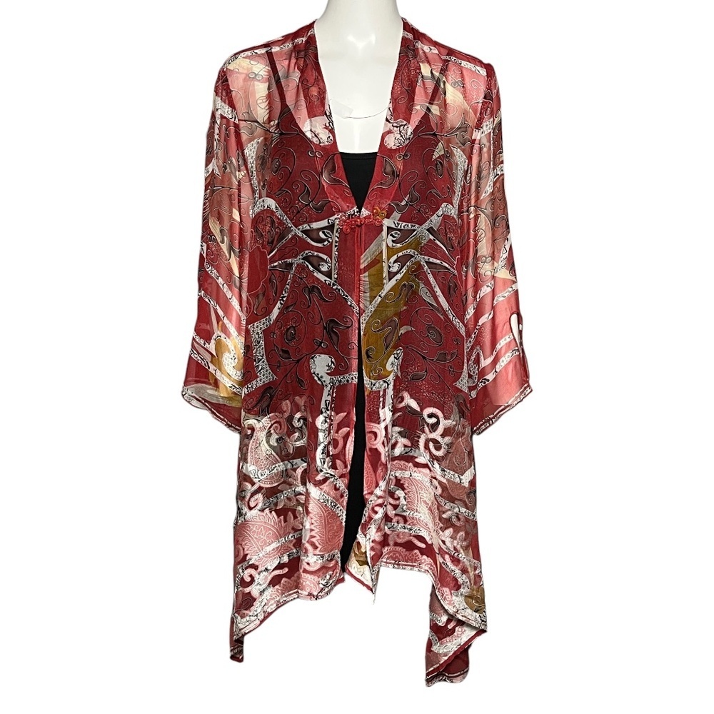 Citron Santa Monica 1X 70% Silk Kimono Duster Jacket Red Paisley Boho